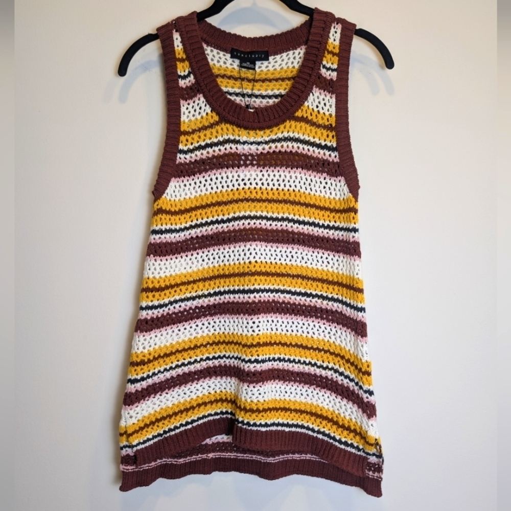 Sanctuary Striped Burgundy Pink White Gold Black Crochet Cotton Tank Top Size XS